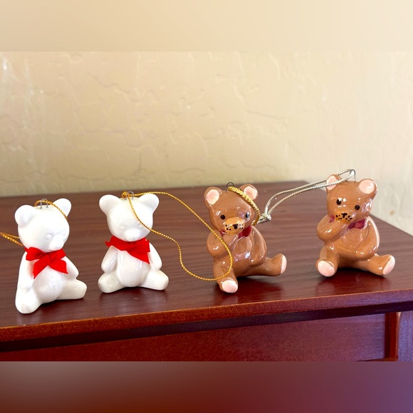 Other - Teddy Bear Christmas Ornaments Set of 4 White & Brown Small Hanging Ornament
